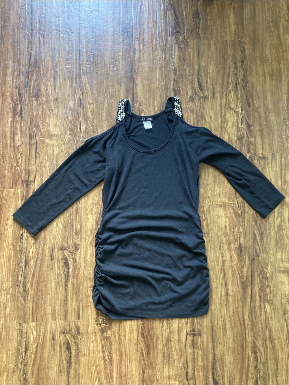 VENUS Black Cold-Shoulder Jeweled Strap Mini Dress Top Women’s Size Medium Tunic